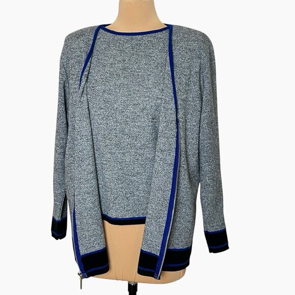 Karen Lessly Sweater Set Womens Large Zip Cardigan Sleeveless Top Gray Blue Trim - Picture 2 of 9